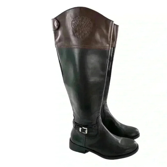 Vince Camuto womens knee high boots Kable 6.5 36.5 black brown leather crest